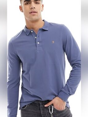 Organic cotton Farah Long-Sleeve Polo Shirt in Dusty Blue - XL